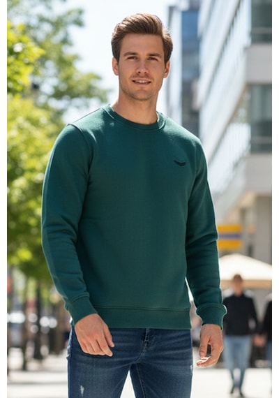 Remsa Erkek İçi Şardonlu Bisiklet Yaka Pamuklu Sweatshirt 0319 Zümrüt Yeşil Zümrüt