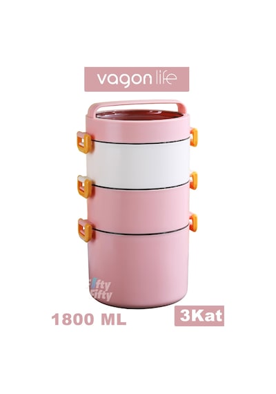 Vagonlife Lunch Box 3 Katlı Büyük Boy 1800 Ml Ofis-okul İçin Yeni Nesil Sefer Tası-fflbox3kat1800ml Pembe