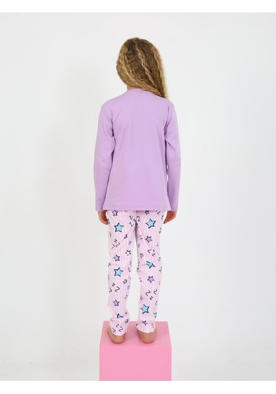 Kız Çocuk Uzun Kollu %100 Pamuklu Pijama Takımı Happy Life Lila