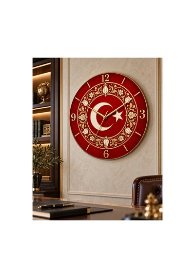 Türk Bayraklı Ay Yıldız Desenli 45 Cm Ahşap Sessiz Akar Mekanizmalı Uv Baskılı Dekoratif Duvar Saati Hediyelik 1084 Çok Renkli