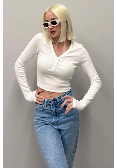 Madmext Beyaz V Yaka Uzun Kollu Düğme Detaylı Kaşkorse Bodysuit Mg2194 Beyaz