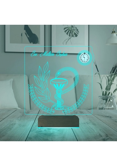 Luvivia Eczacı Hediye Eczane Logolu Kişiye Özel Metal Saatli 3d Lamba - Masa Gece Lambası Şeffaf
