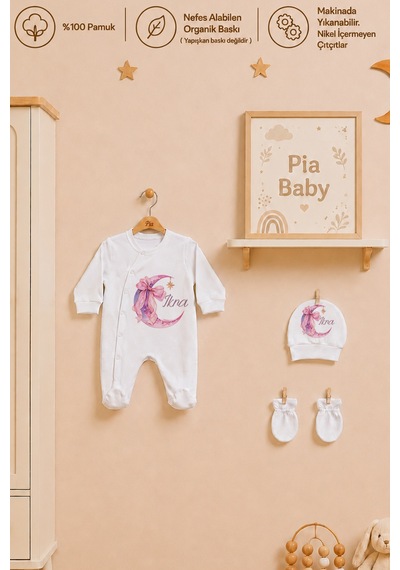Pia Baby Kız Bebek %100 Pamuk Hediye Seti 6 Lı İsimli Keseli Tulum Şapka Eldiven Battaniye Ve Yastık Kılıfı 1068tybk3x Krem