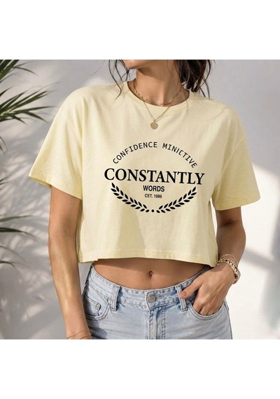 Kadın Kısa Oversize Baskılı T-shirt Sarı