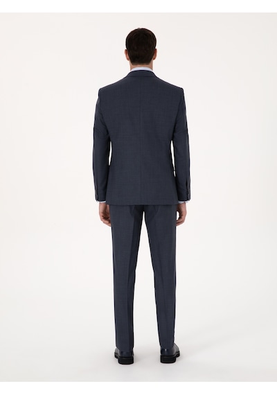 Cacharel Lacivert Slim Fit Yün Karışımlı Mikro Desen Kırlangıç Yaka Takım Elbise