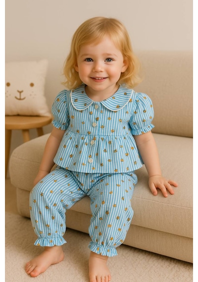 Fidekids Kız Çocuk Alt Üst Takım %100pamuklu Rahat Kumaş Takım mavi