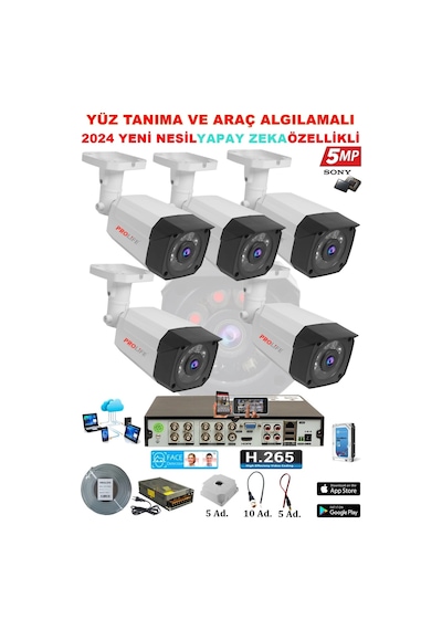 5 Kameralı Yapay Zeka Özellikli Yüz Tanıma ve Araç Algılamalı 5 Mp Kuruluma Hazır Kamera Seti