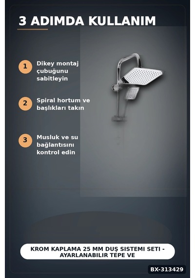 Krom Kaplama 25 Mm Duş Sistemi Seti - Ayarlanabilir Tepe Ve El Duşu, Sabunluk Hediyeli Bx-313429 Renkli