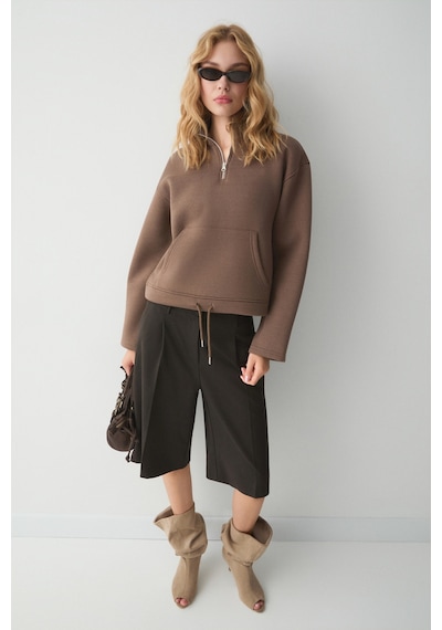 ETHIQUET Ethıquet Bellagıo Kadın Organik Pamuklı Kanguru Cepli Yakası Fermuarlı Kahverengi Sweatshirt