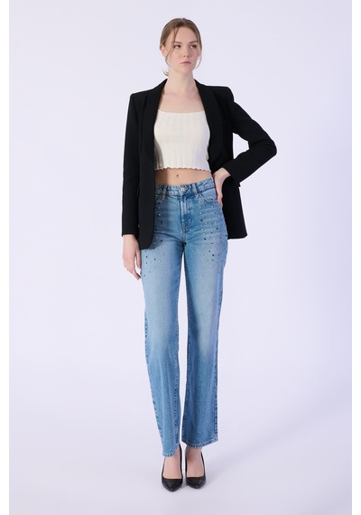 Wide Leg Kalıp Cep Altı Taş Detay Denim Pantolon-a.mavi Açık Mavi