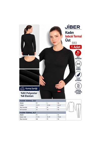 Jiber Kadın Isıtıcılı Bisklet Yaka Uzun Kol Ve Termal Tayt Alt İçlik Set 592/596 - 1 Adet Siyah