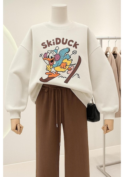 Benroma 3 İplik Penye Skiduck Baskılı Unisex Sweatshırt Beyaz