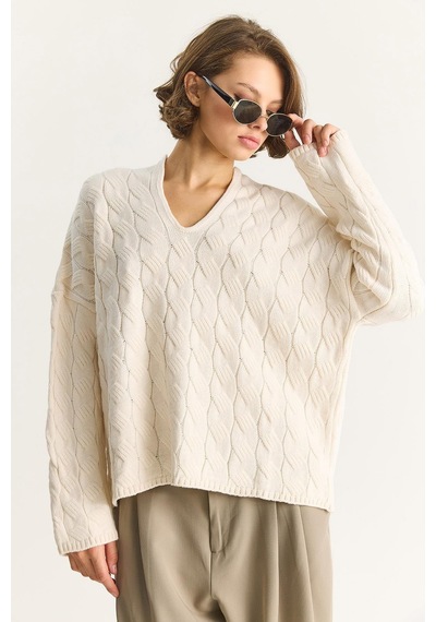 Shade Kadın Oval Yaka Saç Örgü Oversize Triko Kazak Tk241277 60284091 - Krem