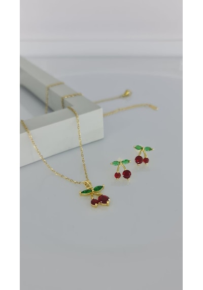 Kiraz Gold Kolye Küpe Çelik Takı Seti Gümüş - Rose Gold