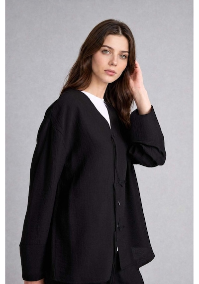 Defacto Regular Fıt V Yaka Krinkıl Kumaş Siyah Kimono H1869ax26smbk81 Siyah-bk81