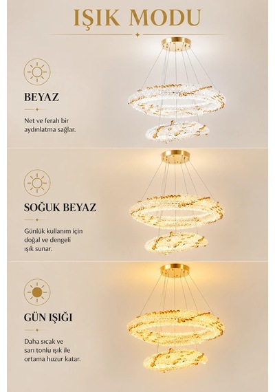 Modern Premıum Gold Led Avize 3 Renk Sarkıt Salon Yemek Odası Avizesi 140w
