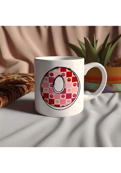 O Harfi Pembe Kareli Kalpli Göz Emojili Kupa Bardak Eğlenceli Kareli Tasarım Kahve Çay Kupası 07 Beyaz