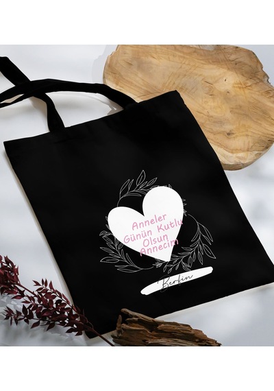 Bk Gift Kişiye Özel İsimli Anneler Günü Tasarımlı Siyah Kumaş Bez Çanta, Baskılı Omuz Çantası, Alışveriş Çantası, Anneler Günü Hediyesi, Anneye Hediye-2