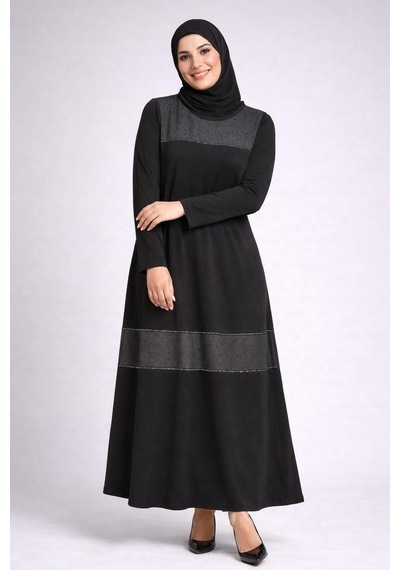 Hira Life Fashion Kadın Önü Desenli Taş Detaylı Düz Tessetür Elbise Siyah Siyah
