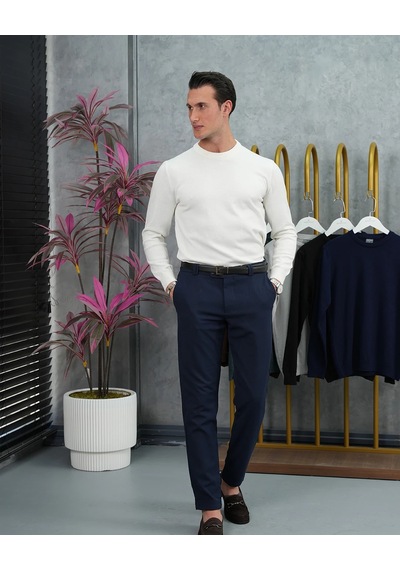 Modefendi Slim Fit Kalıp Pamuk Likra Sade Bisiklet Yaka Triko Kazak Beyaz