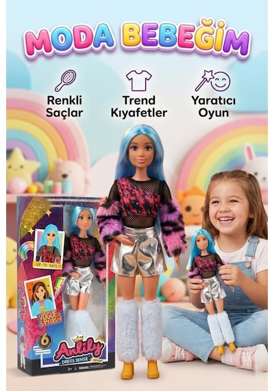 Anlily Moda Bebeği - Şık Tüylü Kabanlı Ve Trend Aksesuarlı Oyun Seti Moda İkonu Oyuncak Bebek