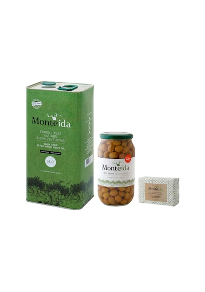 Monteida Erken Hasat Natürel Sızma Zeytinyağı Teneke 5 L + Monteida Ayvalık Kırma Zeytin 1 KG + Monteida Doğal Zeytinyağı Sabunu 150 G