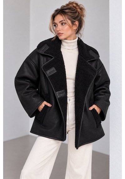 Lima Siyah Kadın Oversize Peluş Detaylı Süet Mont Kürk Yakalı Kışlık Ceket