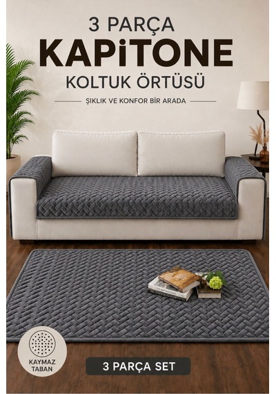 3 Parça Kaymaz Taban Kapitone Koltuk Örtüsü Takımı Çekyat Kanepe Seti Füme Füme