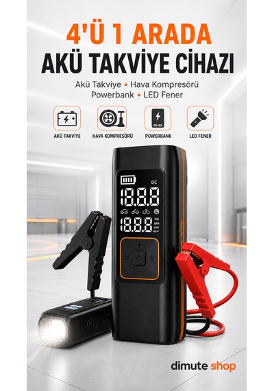 Inflamo Taşınabilir Akü Takviye Cihazı Powerbank Ve Kablosuz Hava Kompresörü 3 Ü 1 Arada
