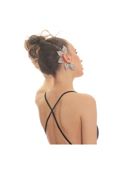 Kadın Gümüş Renk Lak Kaplama Zirkon Taşlı Dokulu Yaprak Stilizesi Sağ Kulak Earcuff&kıkırdak Küpe Çok Renkli