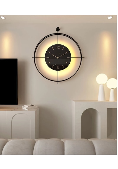 MetaQuartz Aksesuar (XXL-60*70 cm)Siyah Laviento - Siyah Göbek - Pilli Led - Modern Metal Saat