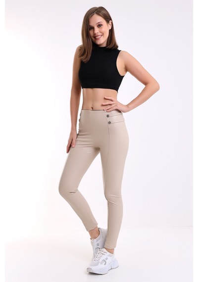 Winmoda34 Beli Detaylı Içi Kalın Kürklü Termal Push Up Kadın Deri Tayt Ekru