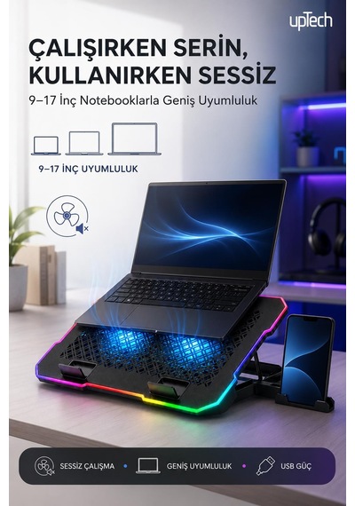 Uptech Rgb Laptop Soğutucu 2 Fanlı Ayarlanabilir Standlı Notebook Soğutucu
