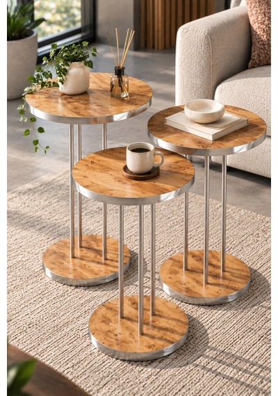 Sulorahome Ceviz Desenli Gümüş Metal Ayaklı 3'lü Zigon Sehpa Takımı