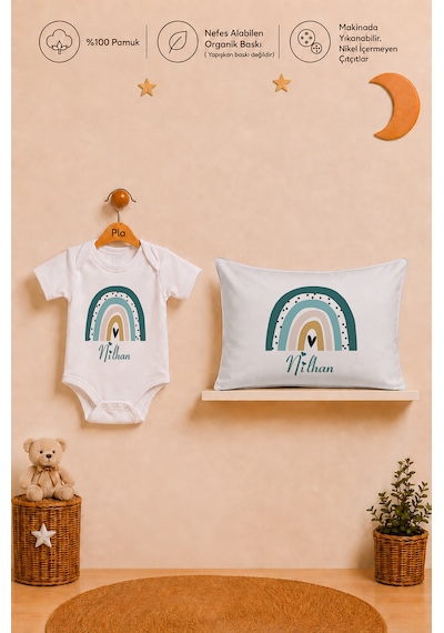 Pia Baby İsimli Erkek Bebek Hediye Seti %100 Pamuk Organik Baskılı Body Yastık Kılıfı Ve Ham Bez Bebek Kıyafet Kesesi 1095byk6x Ekru