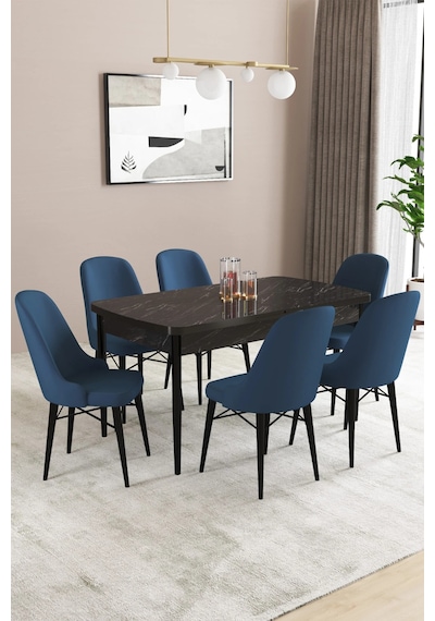Familieconcept Almira Serisi, Siyah Mermer Desen 80x132 Açılabilir Mdf Mutfak Masası Takımı 6 Adet Sandalye Lacivert Familieconcept Almira Serisi, Siyah Mermer Desen 80x132 Açılabilir Mdf Mutfak Masası Takımı 6 Adet Sandalye Lacivert