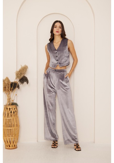 Darlin Moda Kadın Antrasit Yüksek Bel Geniş Paça Kadife Pantolon Dm3002 Antrasit