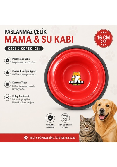 Paslanmaz Çelik Kedi Köpek Mama Ve Su Kabı 16 Cm Kaymaz Tabanlı - Kırmızı