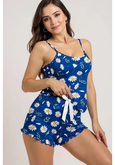 Leyna Papatya Desenli Mavi Askılı Şortlu Pijama Takımı