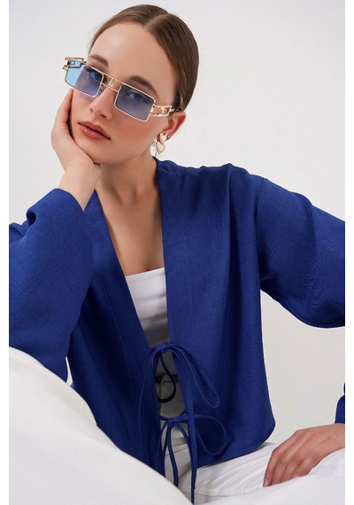 Hiccup Bdart Keten Karışımlı Bağlama Detaylı Uzun Kollu Kimono Kobalt Mavisi