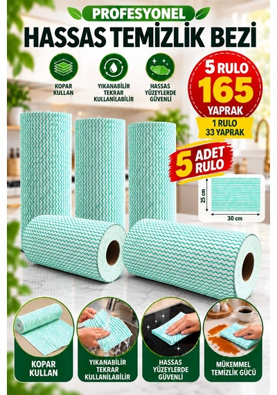 Technow Softtex 33 Yaprak Kopar Kullan Yeşil Rulo Hassas Temizlik Bezi 27x30cm 5'li 81440793