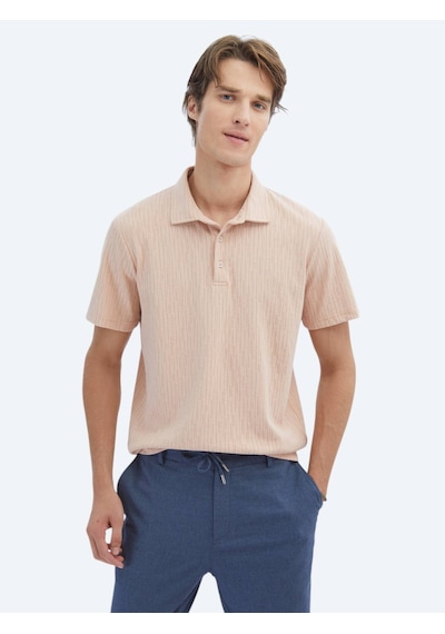 Kip Somon Desenli Polo Yaka Pamuk Karışımlı T-shirt Somon