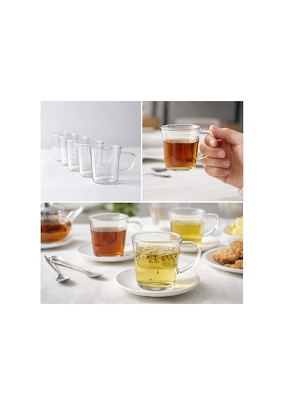 6 Lı Cam Bardak Seti 170 Ml Kulplu Şeffaf Cam Kupa, Çay Kahve Ve Bitki Çayı Bardakları, Bulaşık Makinesinde Yıkanabilir çok renkli