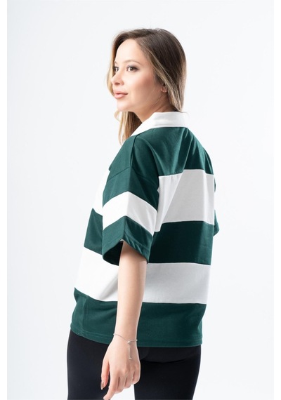 Kadın Polo Yaka Çizgili Oversize T-shirt 001