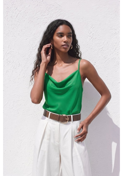 Sateen Askılı Degaje Yaka Bluz - Yeşil-137671