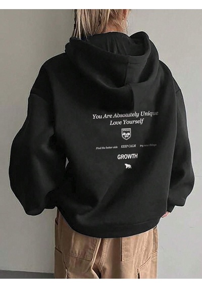 Growth Keep Calm Sweatshirt - Siyah Baskılı Oversize Kalın Kışlık Kapüşonlu Siyah
