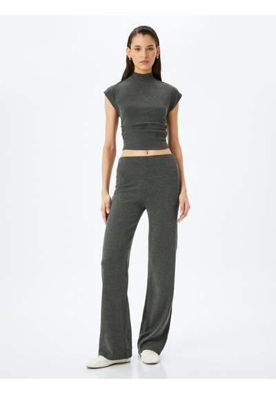 Koton Slim Fit Dokulu Yüksek Bel Bol Paça Pantolon Antrasit 5sak40023ek Antrasit