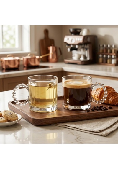 Melorine 2 Li Boncuk Kulplu Cam Kupa Seti, 325 Ml Şeffaf Cam Çay Kahve Bardağı, Dekoratif Yuvarlak Boncuk Saplı Latte Bitki Çayı Meşrubat Sunum Kupası Beyaz - Çok Renkli