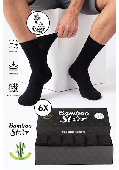 Bamboo Star Erkek Bambu Siyah Diyabetik Dikişsiz Şeker Hastası Çorabı Sıkmaz İz Bırakmaz Premium Kutulu 6'lı Paket