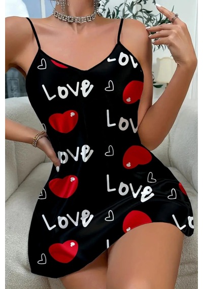 Cojans Love Desenli Siyah Saten Gecelik Çok Renkli